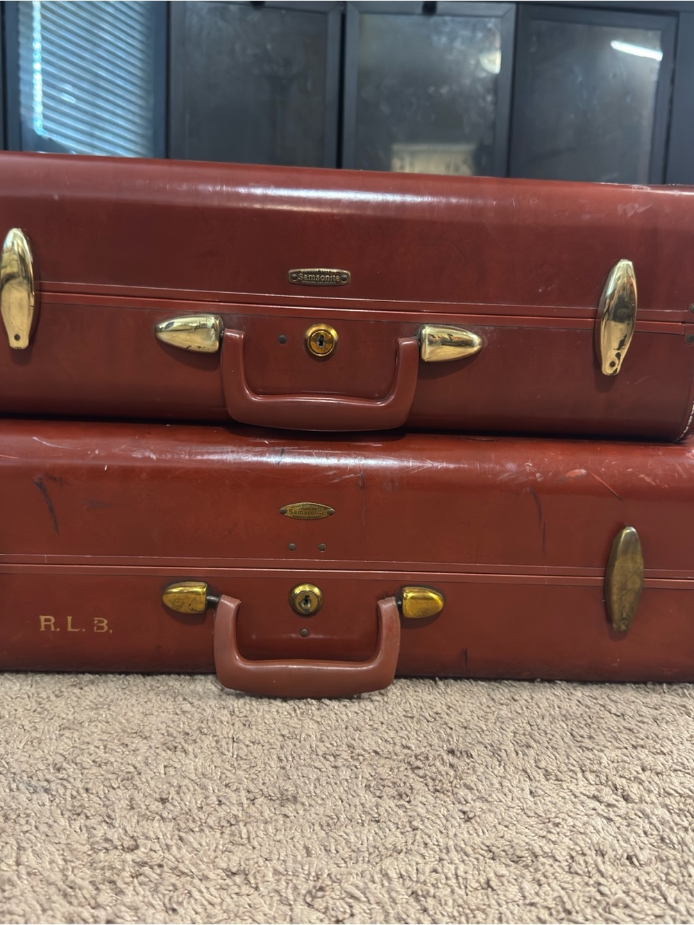 Samsonite Red Vintage Hard-Sided Garment Suitcases with Gold Hardware